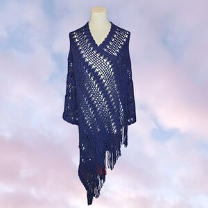 Y2k Tickled Pink Navy Blue Knit Crochet Preppy Fringe Sheer Shawl Poncho
